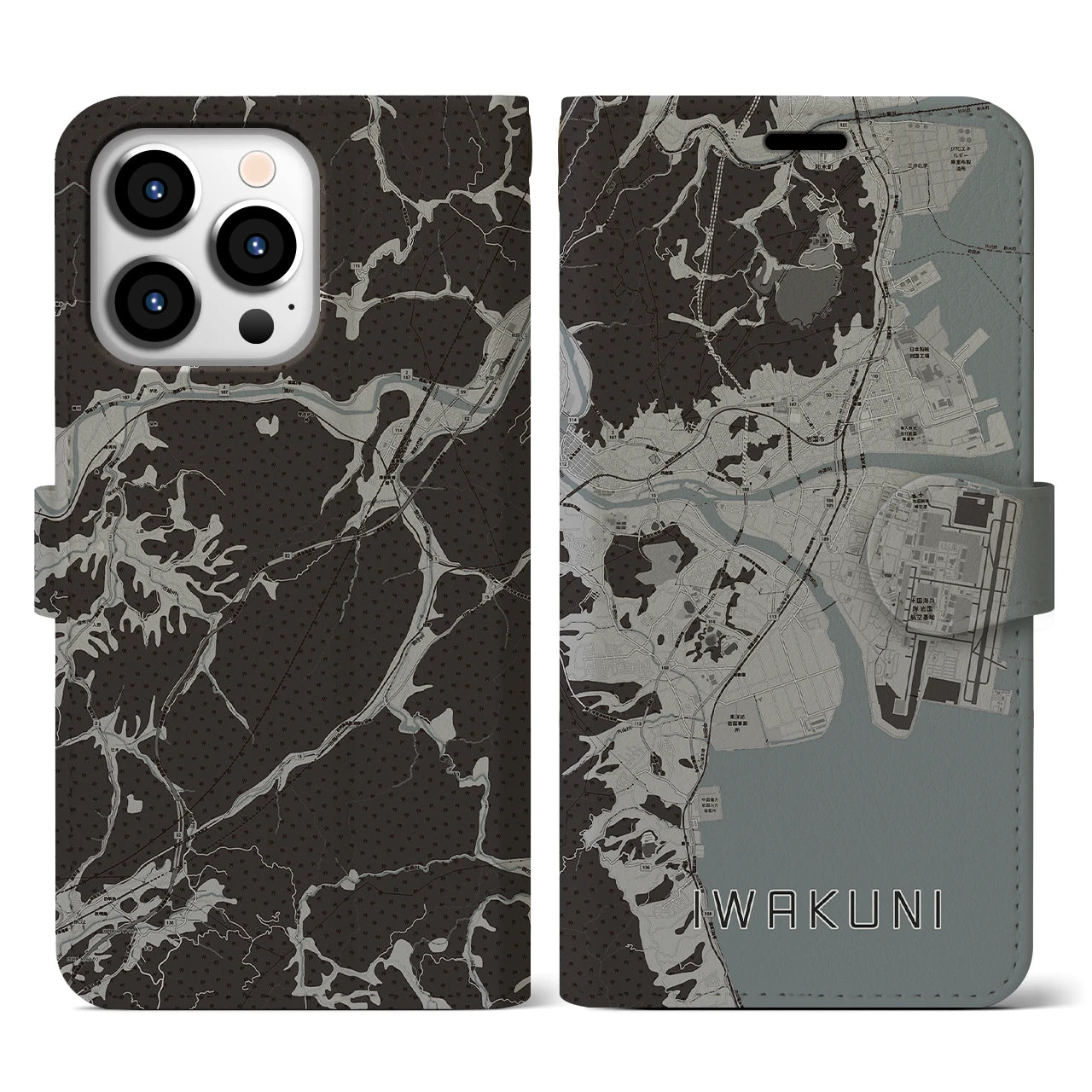 【岩国(山口県)】地図柄iPhoneケース(手帳タイプ)モノトーン・iPhone 13 Pro 用