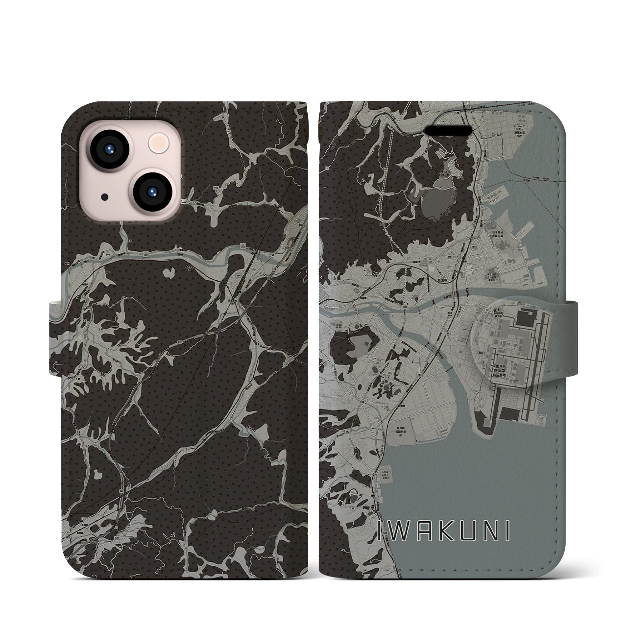 【岩国(山口県)】地図柄iPhoneケース(手帳タイプ)モノトーン・iPhone 13 mini 用