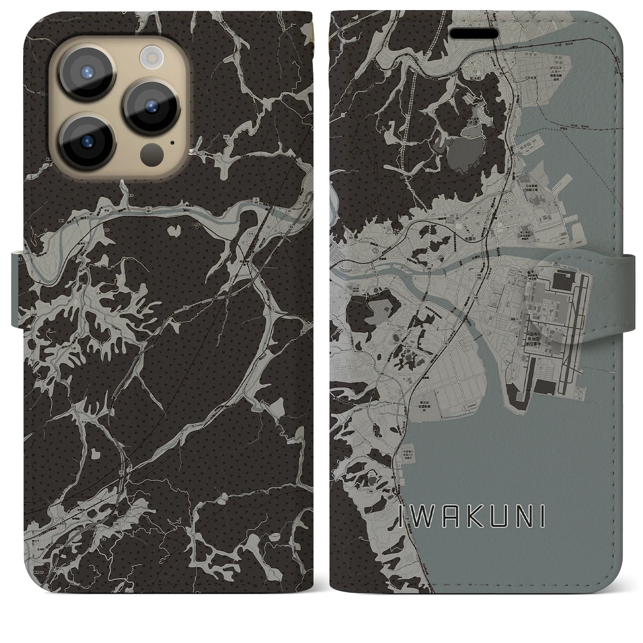 【岩国(山口県)】地図柄iPhoneケース(手帳タイプ)モノトーン・iPhone 14 Pro Max 用