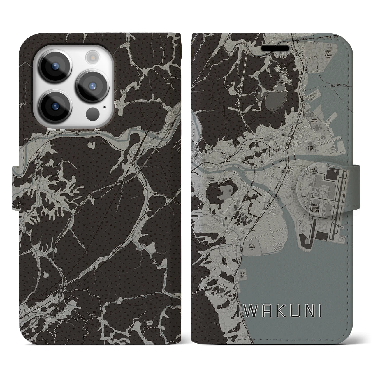 【岩国(山口県)】地図柄iPhoneケース(手帳タイプ)モノトーン・iPhone 14 Pro 用
