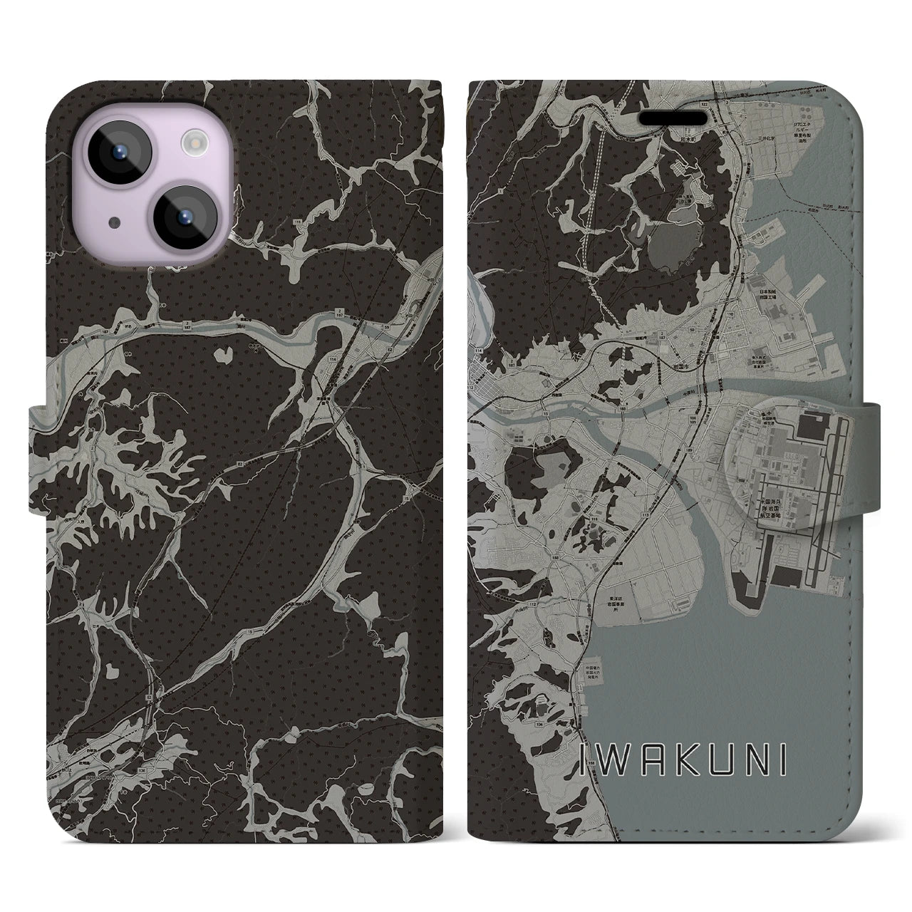【岩国(山口県)】地図柄iPhoneケース(手帳タイプ)モノトーン・iPhone 14 用