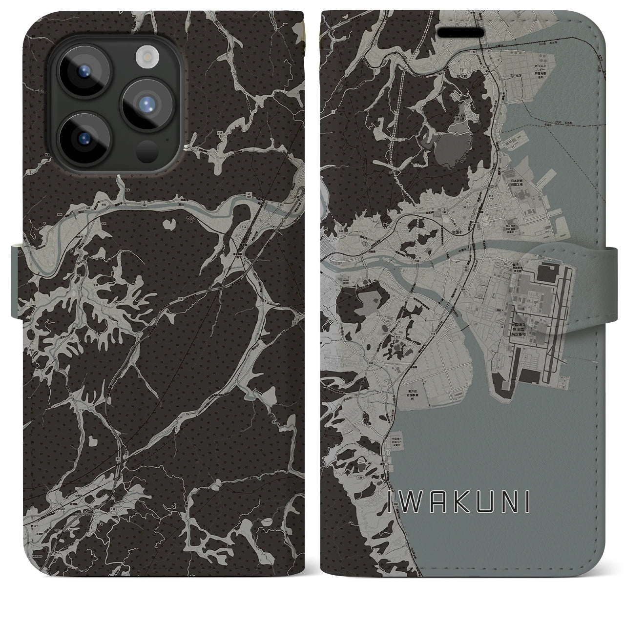 【岩国(山口県)】地図柄iPhoneケース(手帳タイプ)モノトーン・iPhone 15 Pro Max 用