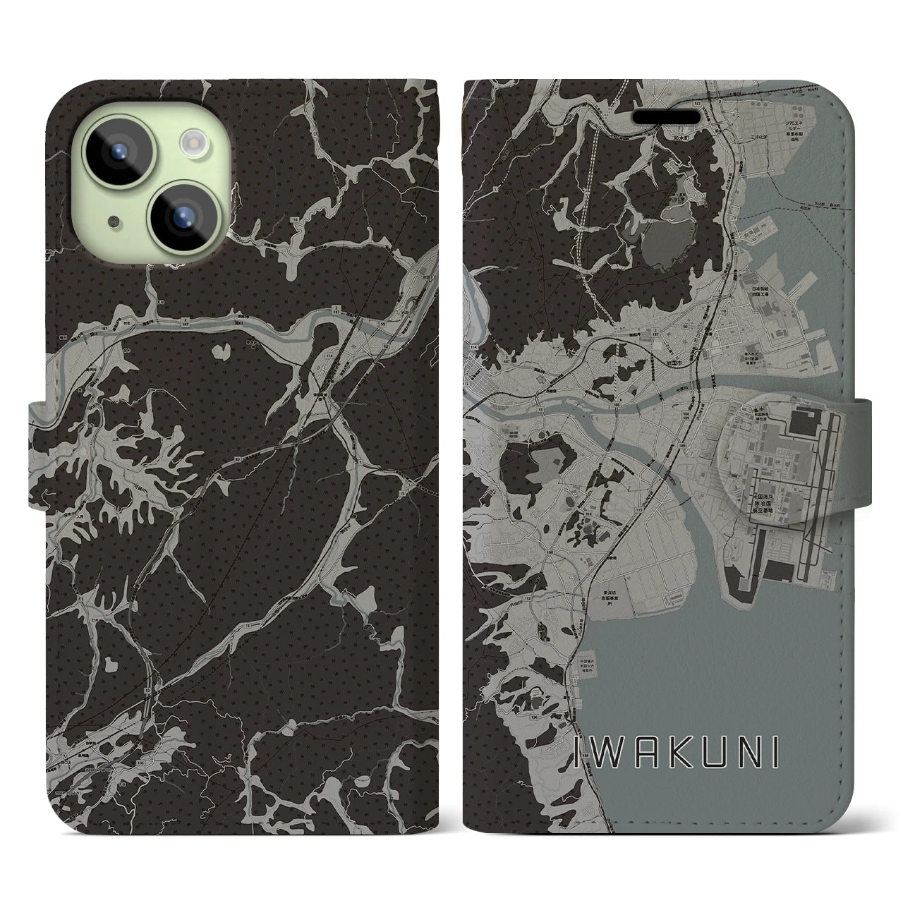 【岩国(山口県)】地図柄iPhoneケース(手帳タイプ)モノトーン・iPhone 15 用