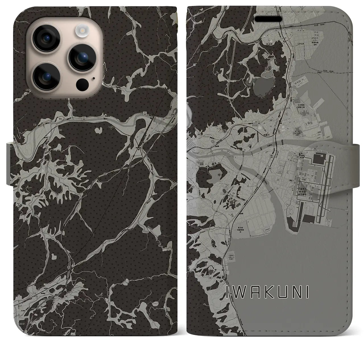 【岩国(山口県)】地図柄iPhoneケース(手帳タイプ)モノトーン・iPhone 16 Plus 用