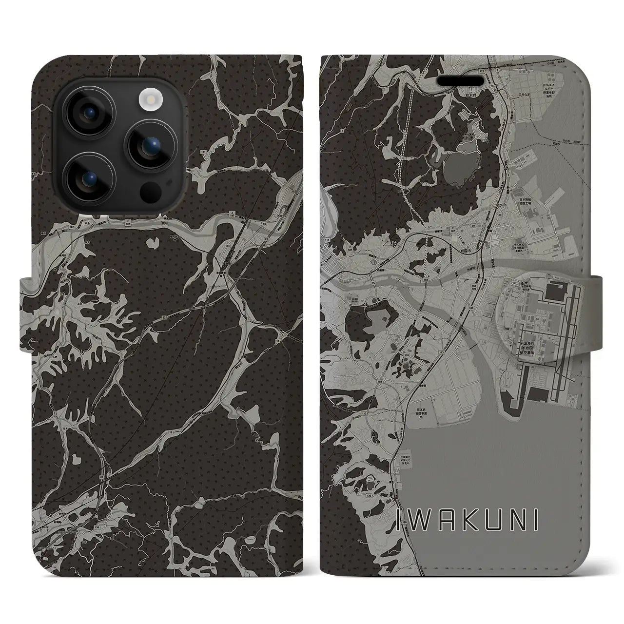 【岩国(山口県)】地図柄iPhoneケース(手帳タイプ)モノトーン・iPhone 16 用