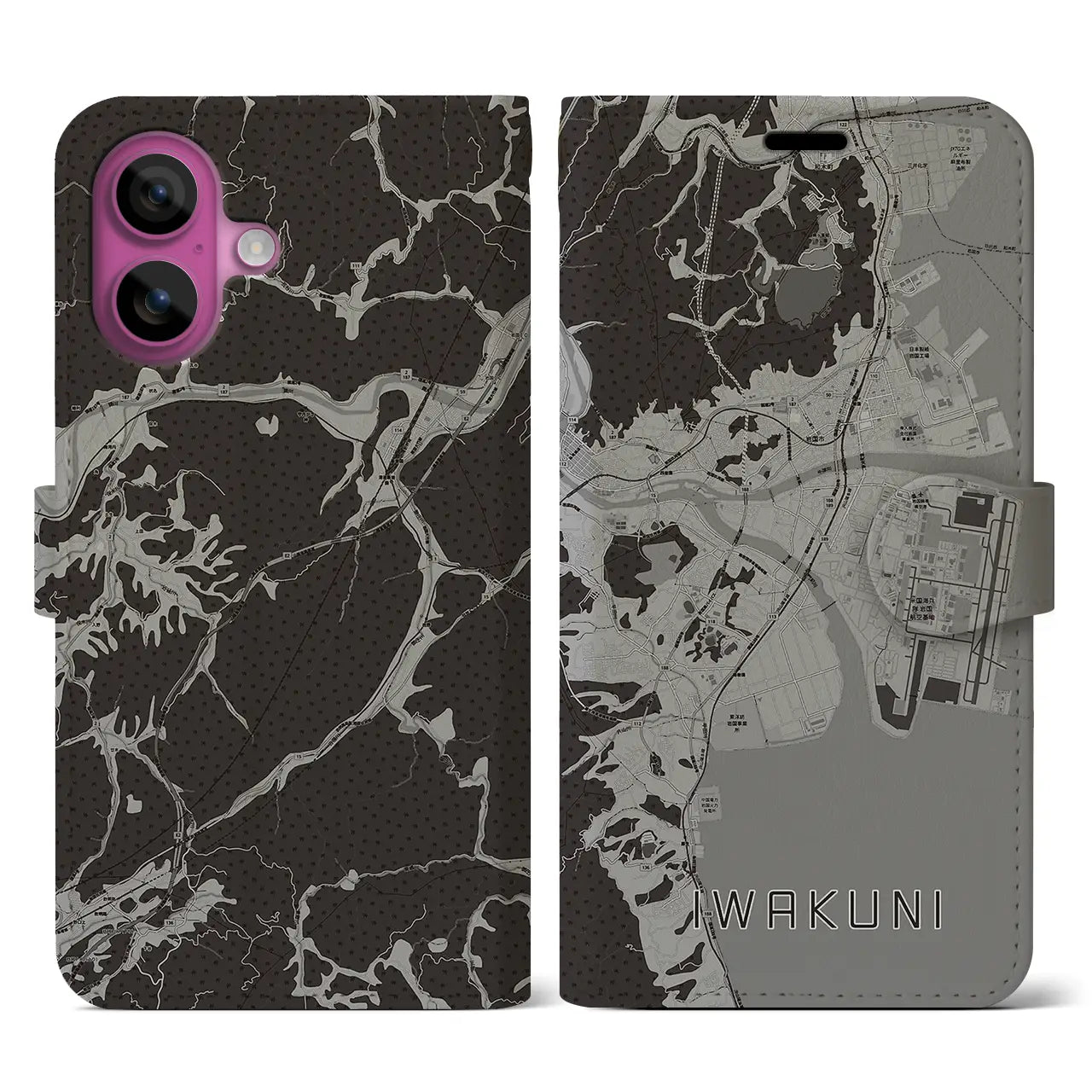 【岩国(山口県)】地図柄iPhoneケース(手帳タイプ)モノトーン・iPhone 16 Pro 用