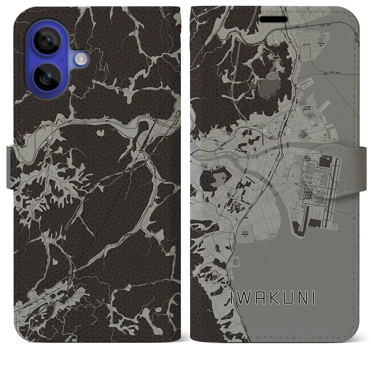 【岩国(山口県)】地図柄iPhoneケース(手帳タイプ)モノトーン・iPhone 16 Pro Max 用