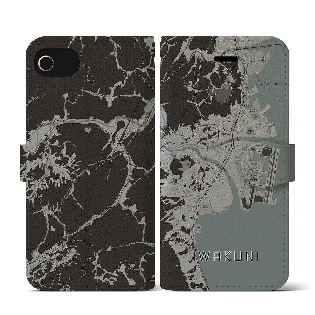 【岩国(山口県)】地図柄iPhoneケース(手帳タイプ)モノトーン・iPhone SE(第3 / 第2世代) / 8 / 7 / 6s / 6 用