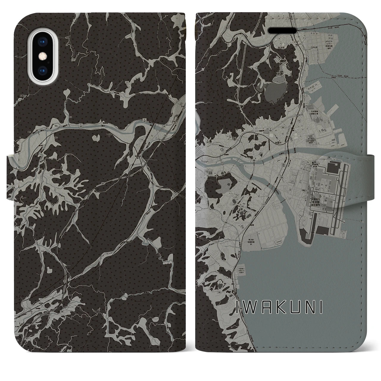 【岩国(山口県)】地図柄iPhoneケース(手帳タイプ)モノトーン・iPhone XS Max 用