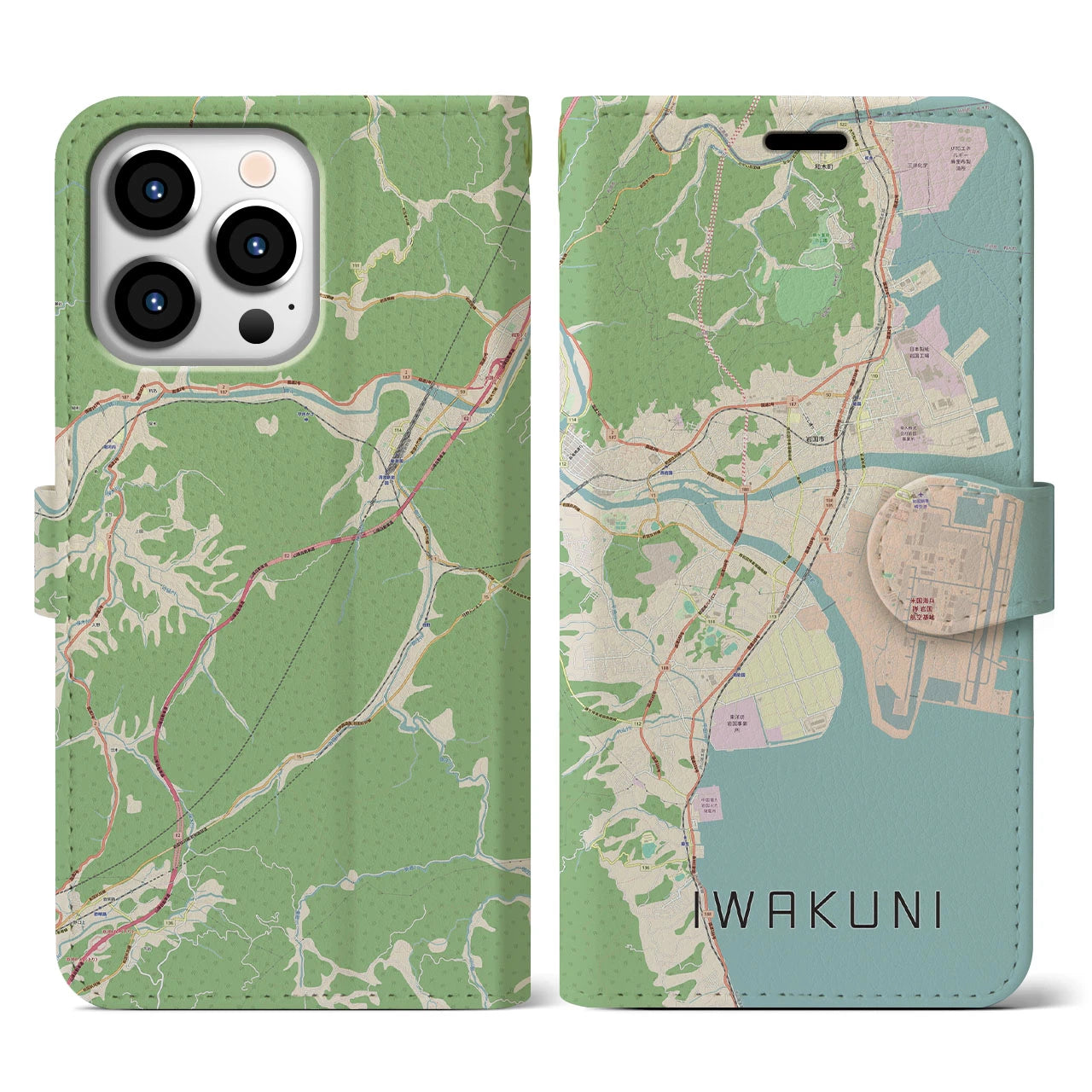 【岩国(山口県)】地図柄iPhoneケース(手帳タイプ)ナチュラル・iPhone 13 Pro 用