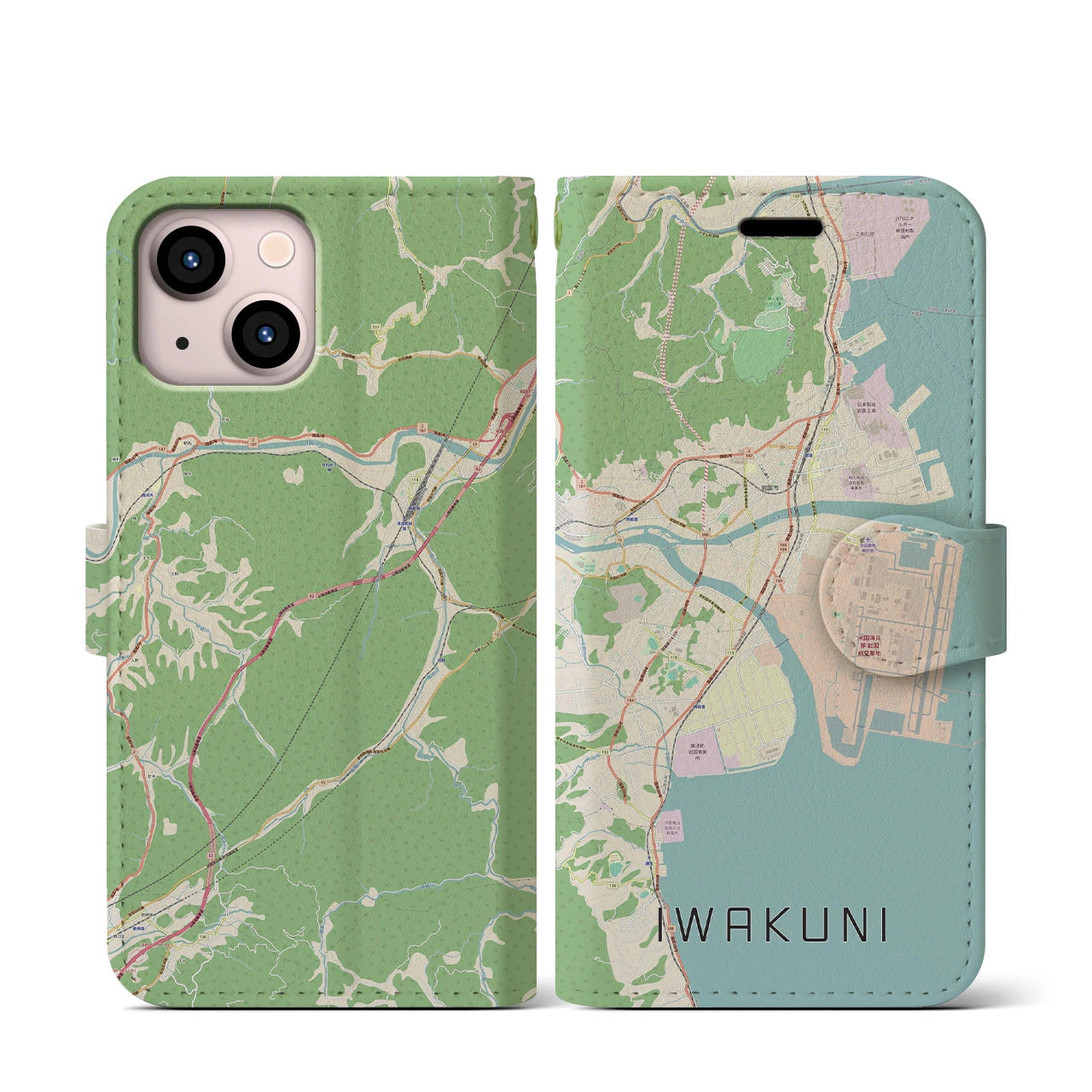 【岩国(山口県)】地図柄iPhoneケース(手帳タイプ)ナチュラル・iPhone 13 mini 用