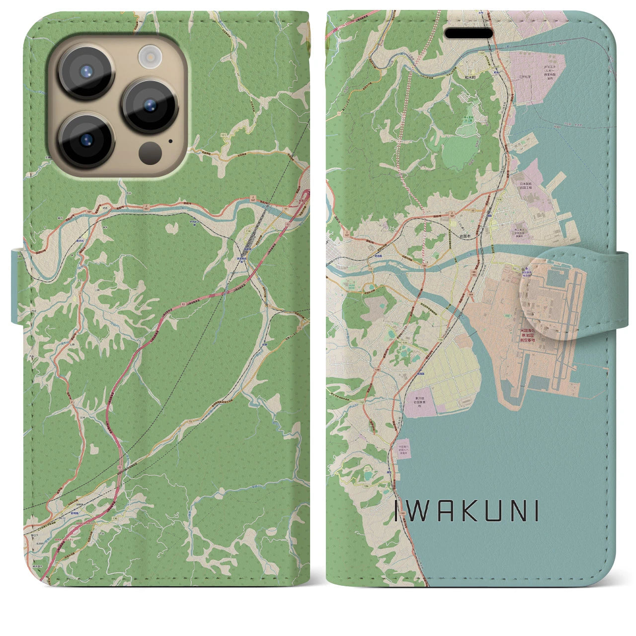 【岩国(山口県)】地図柄iPhoneケース(手帳タイプ)ナチュラル・iPhone 14 Pro Max 用