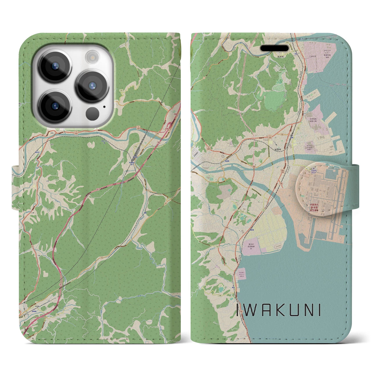 【岩国(山口県)】地図柄iPhoneケース(手帳タイプ)ナチュラル・iPhone 14 Pro 用