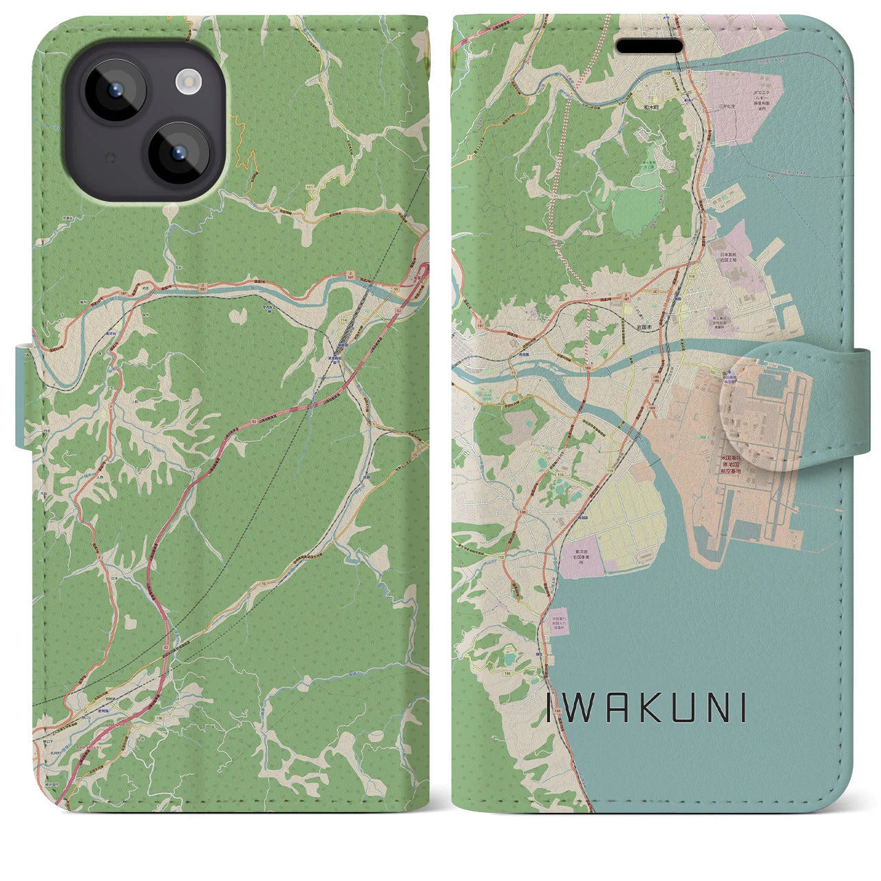 【岩国(山口県)】地図柄iPhoneケース(手帳タイプ)ナチュラル・iPhone 14 Plus 用