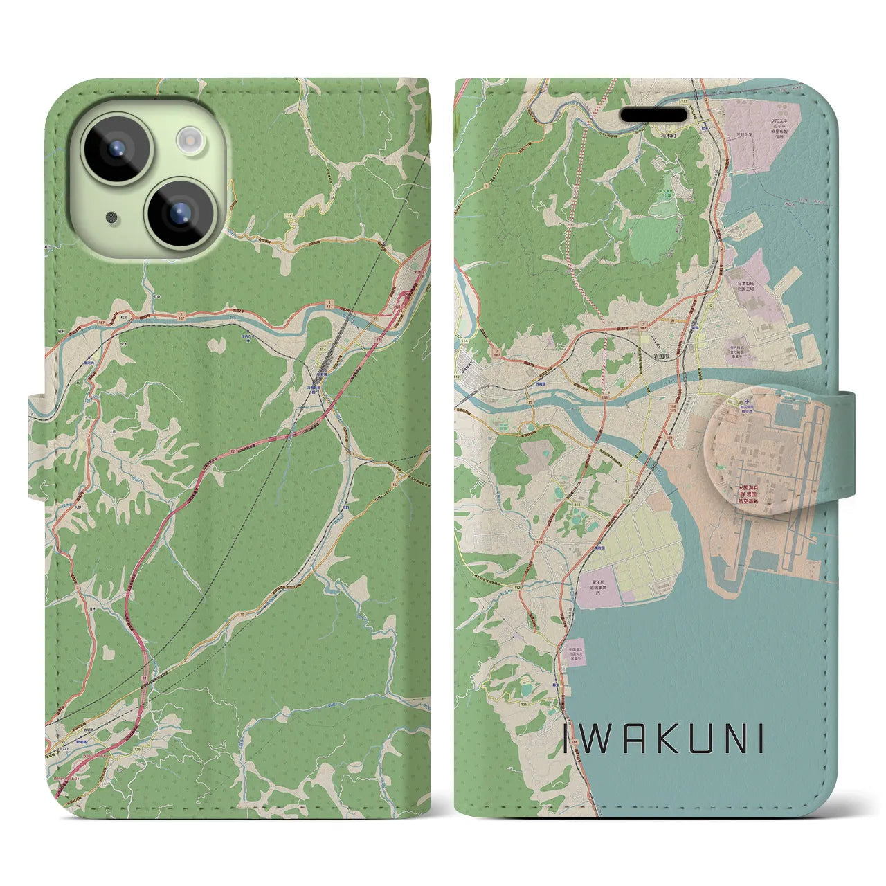 【岩国(山口県)】地図柄iPhoneケース(手帳タイプ)ナチュラル・iPhone 15 用