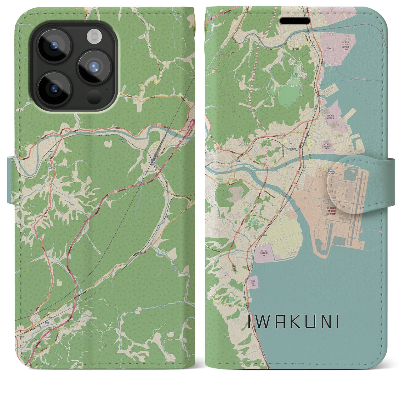 【岩国(山口県)】地図柄iPhoneケース(手帳タイプ)ナチュラル・iPhone 15 Pro Max 用