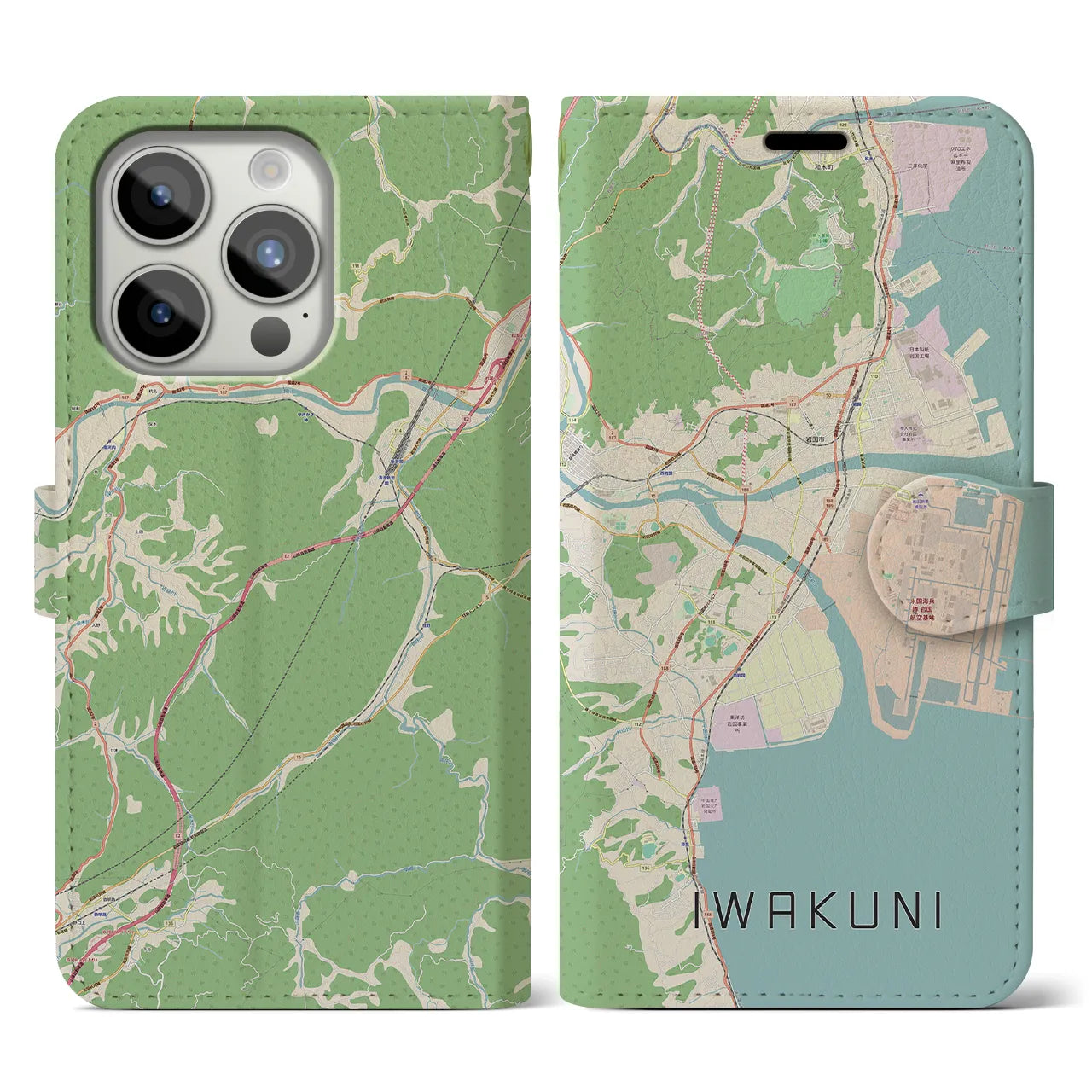 【岩国(山口県)】地図柄iPhoneケース(手帳タイプ)ナチュラル・iPhone 15 Pro 用