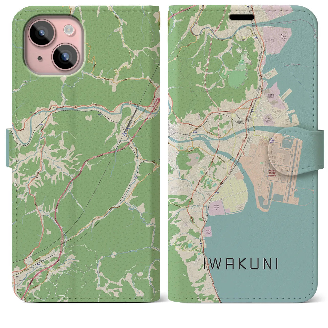 【岩国(山口県)】地図柄iPhoneケース(手帳タイプ)ナチュラル・iPhone 15 Plus 用