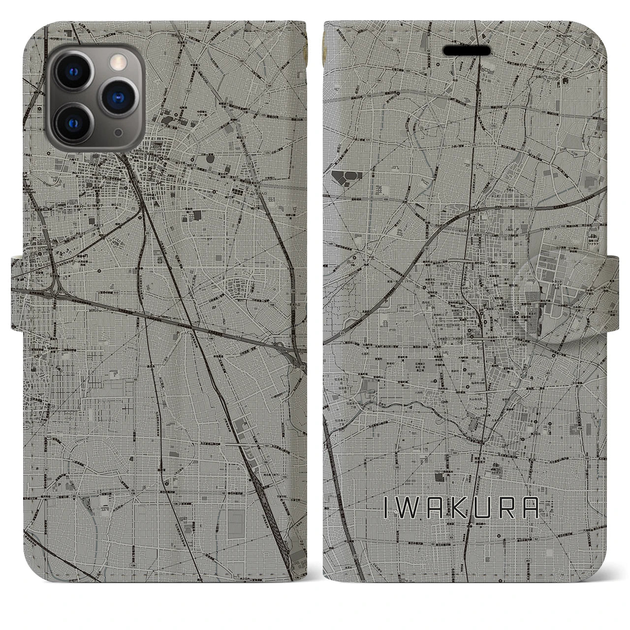 【岩倉(愛知県)】地図柄iPhoneケース(手帳タイプ)モノトーン・iPhone 11 Pro Max 用