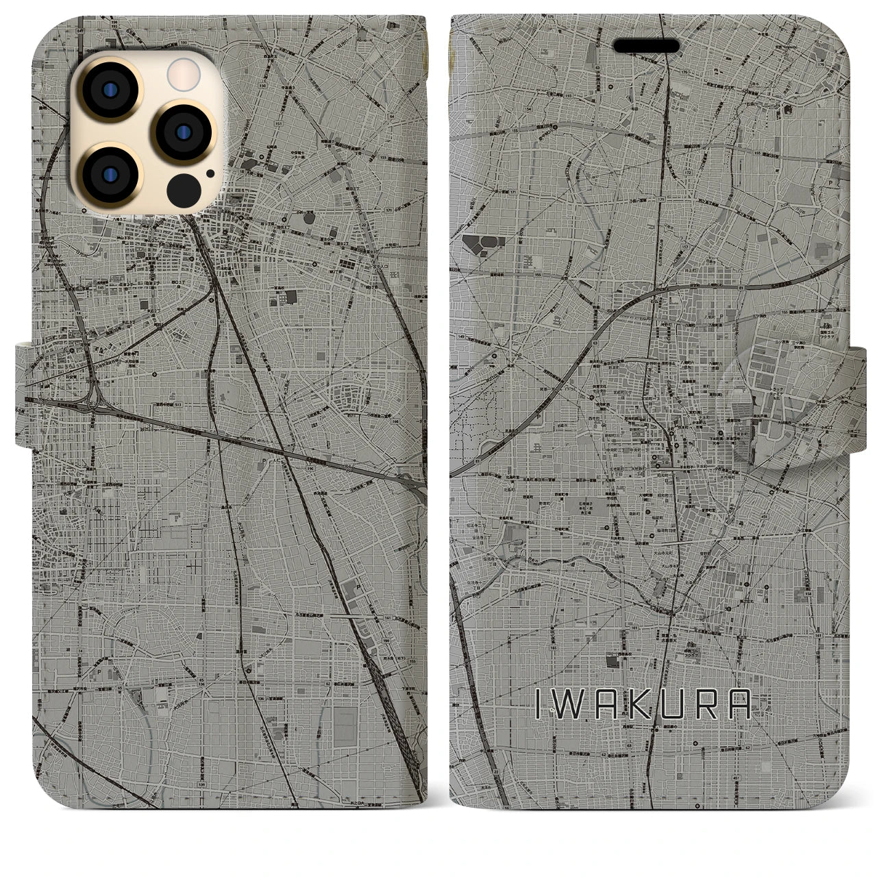 【岩倉(愛知県)】地図柄iPhoneケース(手帳タイプ)モノトーン・iPhone 12 Pro Max 用