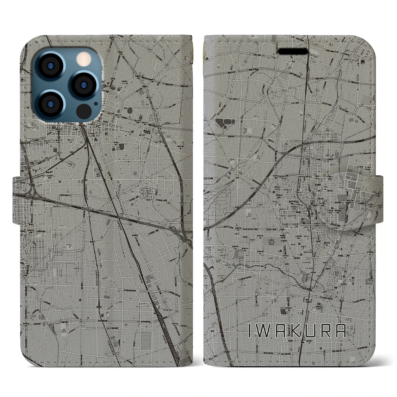 【岩倉(愛知県)】地図柄iPhoneケース(手帳タイプ)モノトーン・iPhone 12 / 12 Pro 用