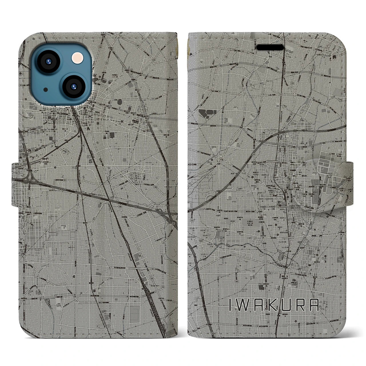 【岩倉(愛知県)】地図柄iPhoneケース(手帳タイプ)モノトーン・iPhone 13 用