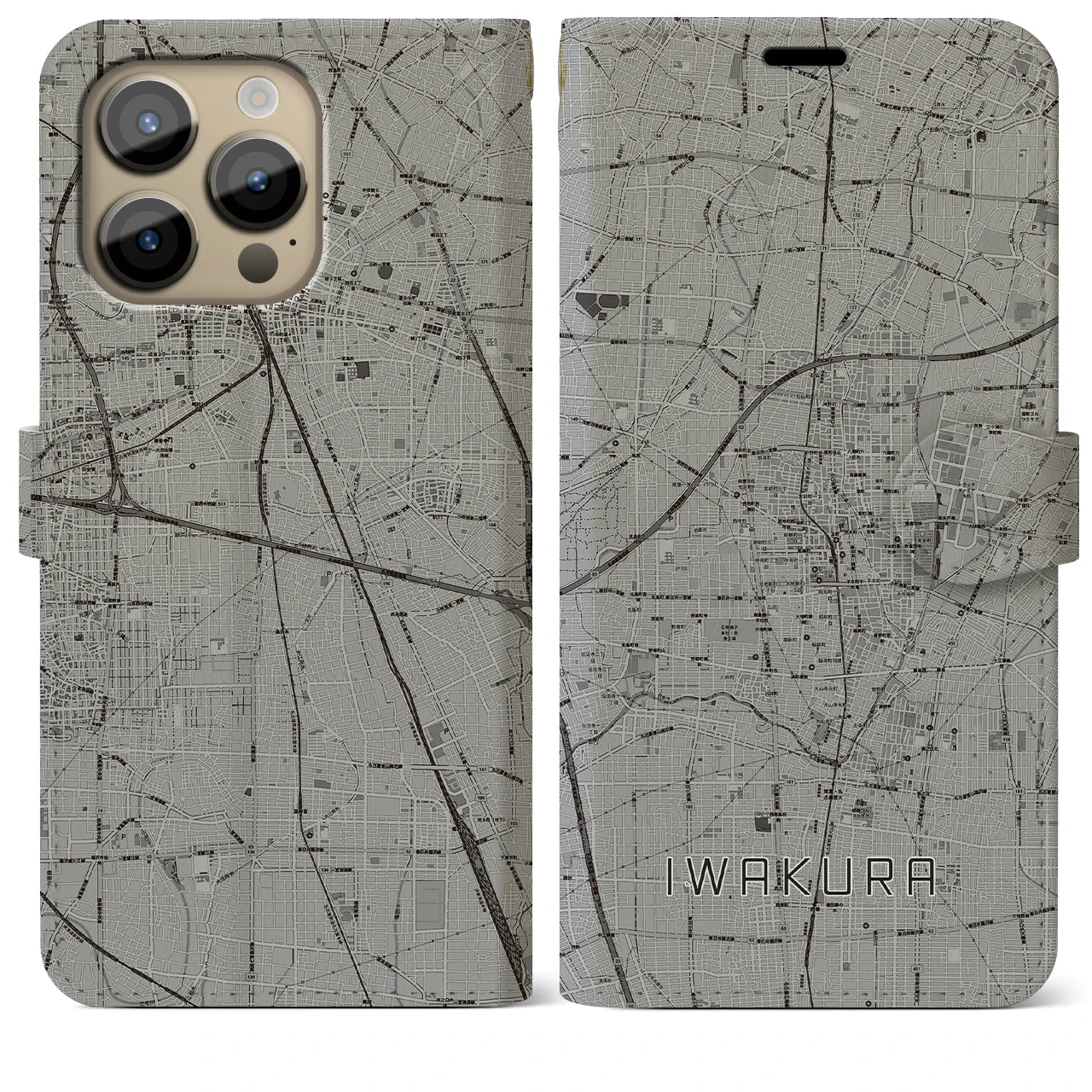 【岩倉(愛知県)】地図柄iPhoneケース(手帳タイプ)モノトーン・iPhone 14 Pro Max 用