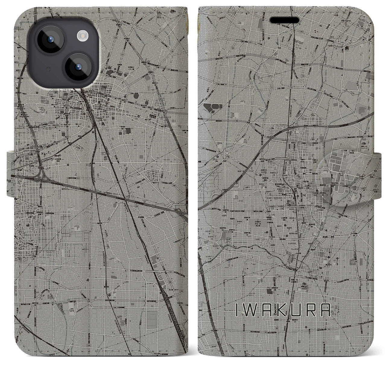 【岩倉(愛知県)】地図柄iPhoneケース(手帳タイプ)モノトーン・iPhone 14 Plus 用