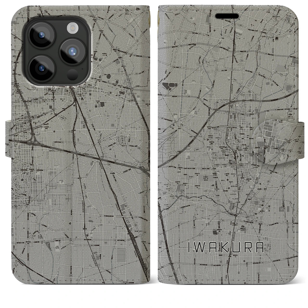 【岩倉(愛知県)】地図柄iPhoneケース(手帳タイプ)モノトーン・iPhone 15 Pro Max 用