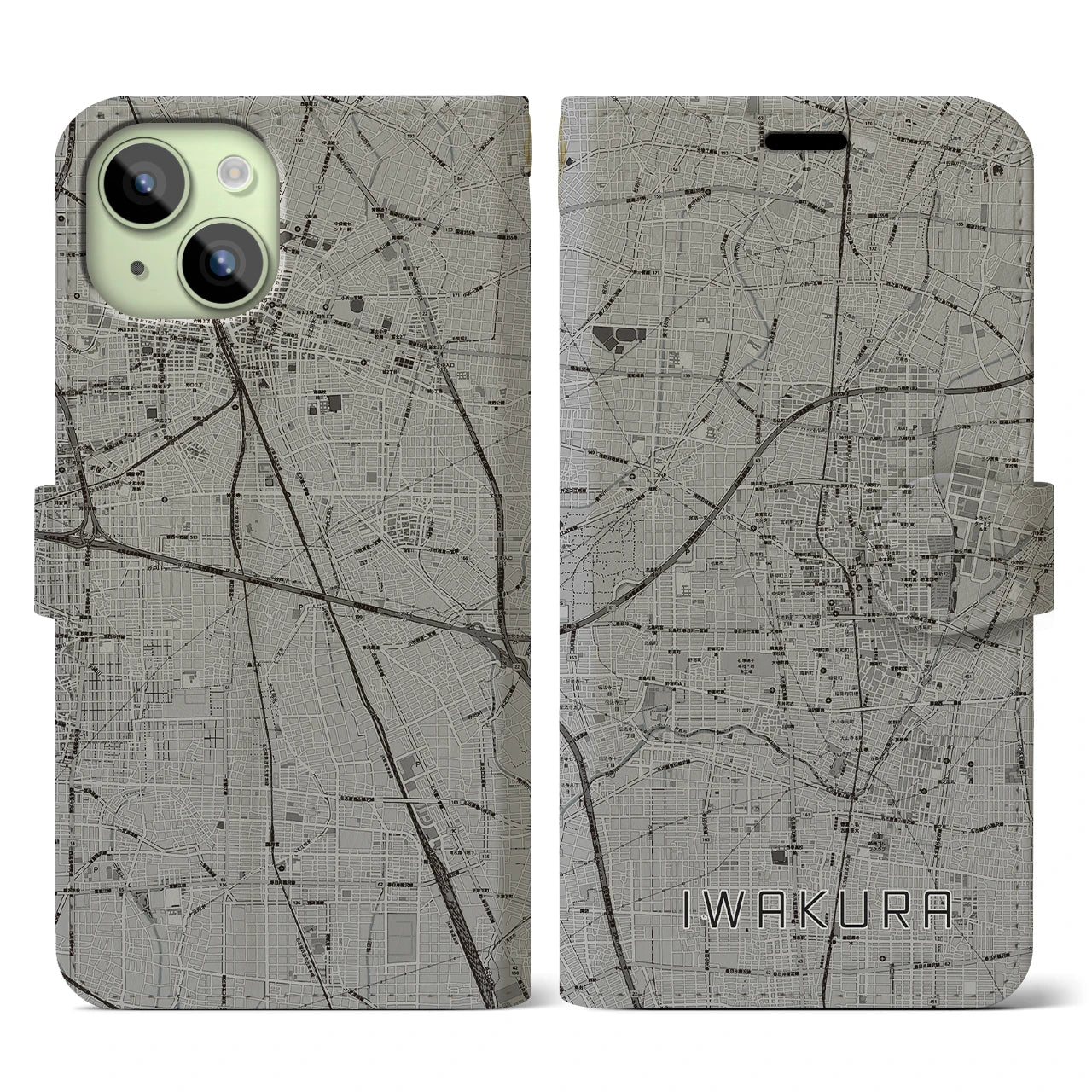 【岩倉(愛知県)】地図柄iPhoneケース(手帳タイプ)モノトーン・iPhone 15 用