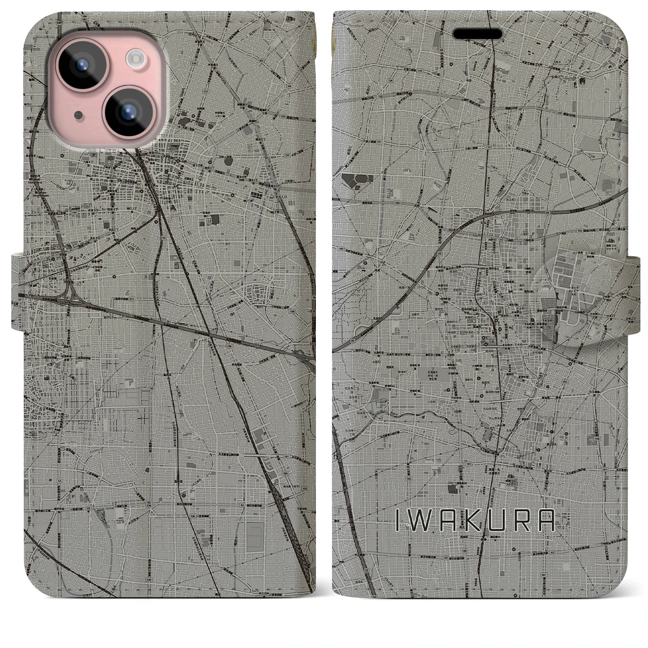 【岩倉(愛知県)】地図柄iPhoneケース(手帳タイプ)モノトーン・iPhone 15 Plus 用
