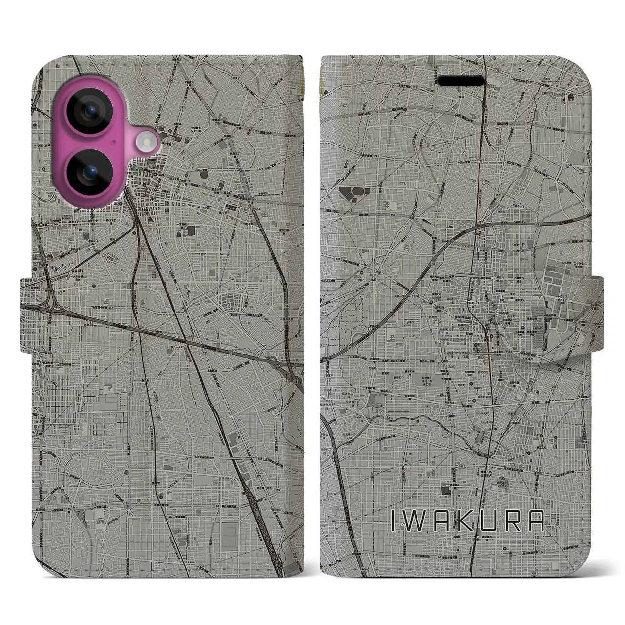 【岩倉(愛知県)】地図柄iPhoneケース(手帳タイプ)モノトーン・iPhone 16 Pro 用