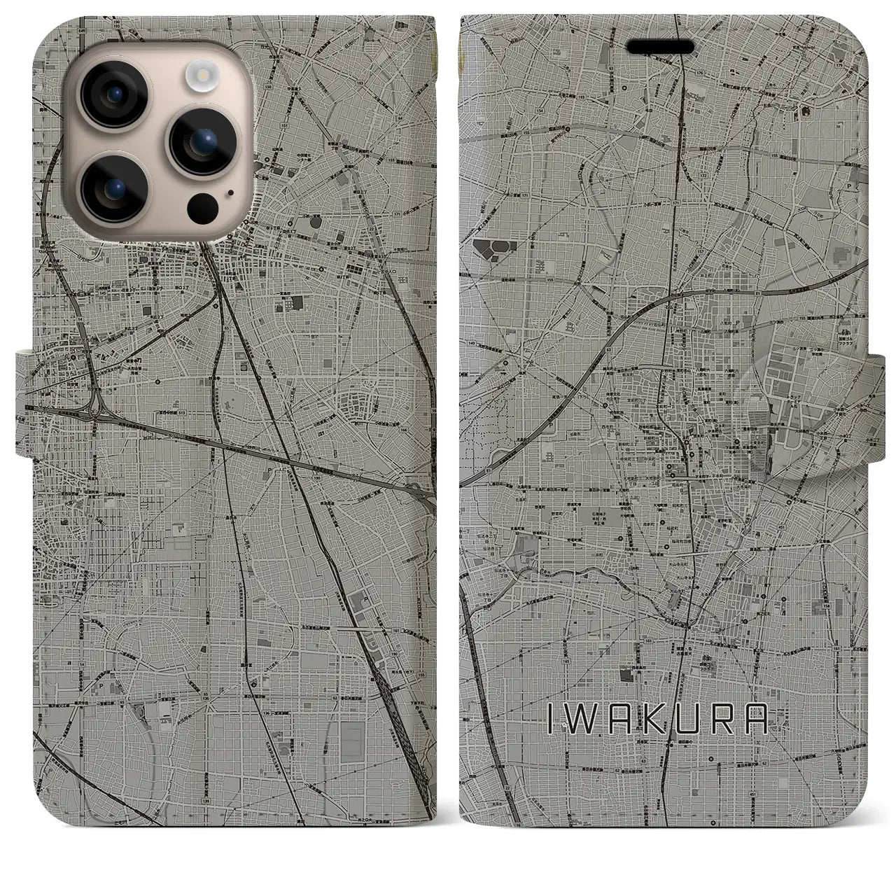 【岩倉(愛知県)】地図柄iPhoneケース(手帳タイプ)モノトーン・iPhone 16 Plus 用