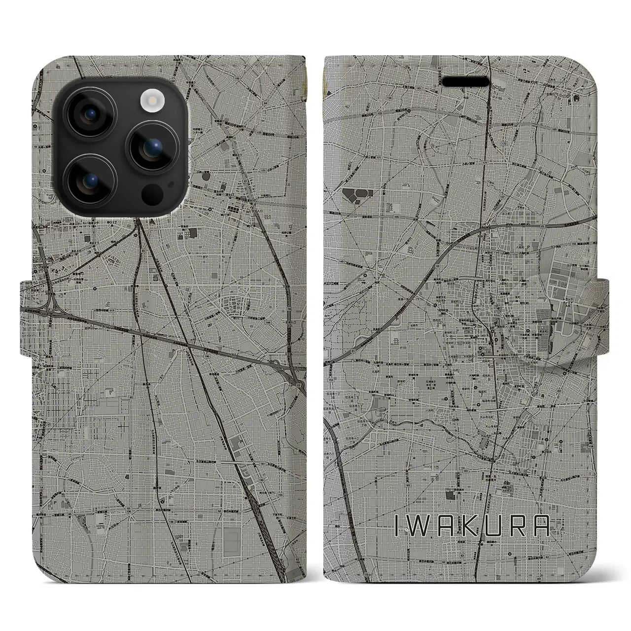 【岩倉(愛知県)】地図柄iPhoneケース(手帳タイプ)モノトーン・iPhone 16 用