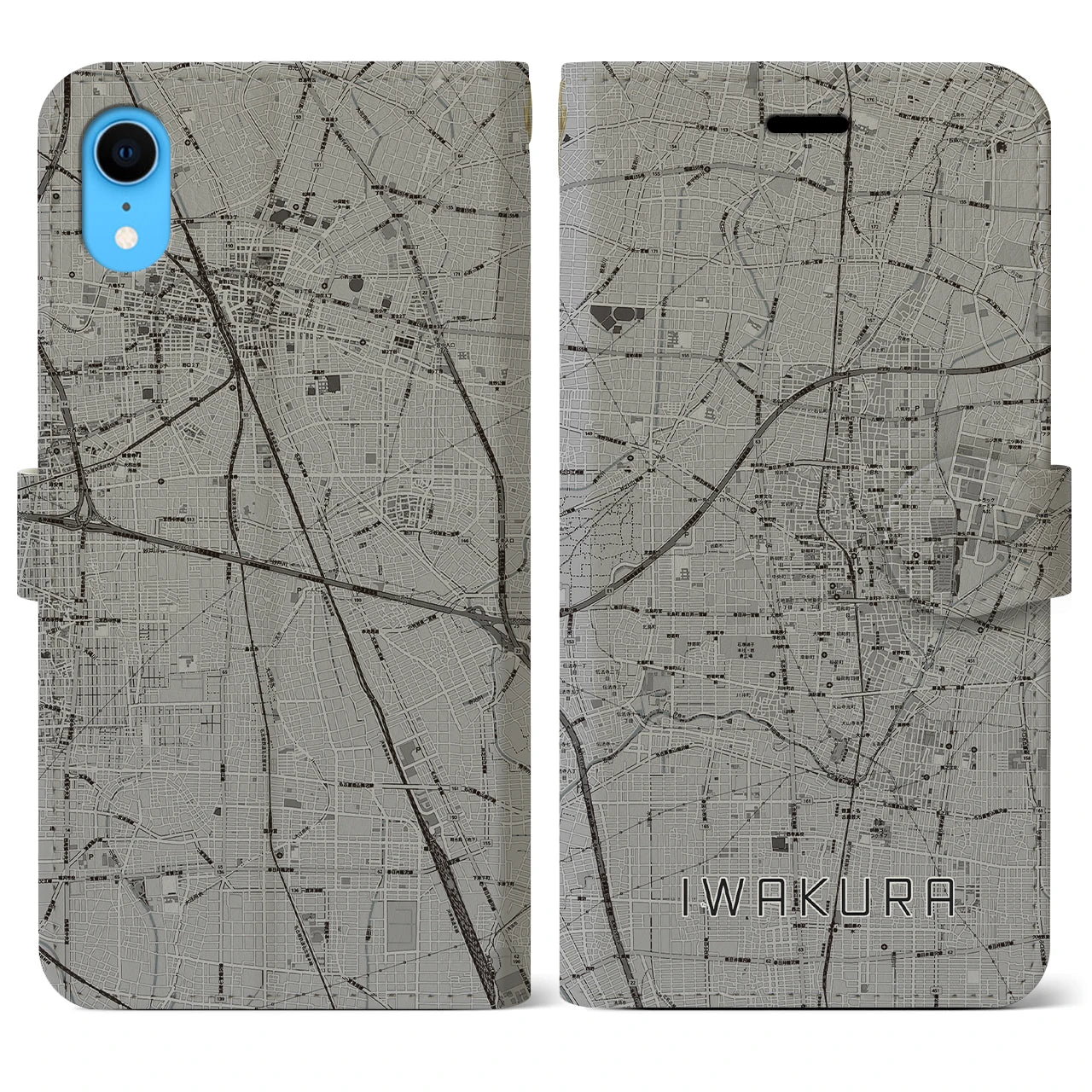 【岩倉(愛知県)】地図柄iPhoneケース(手帳タイプ)モノトーン・iPhone XR 用