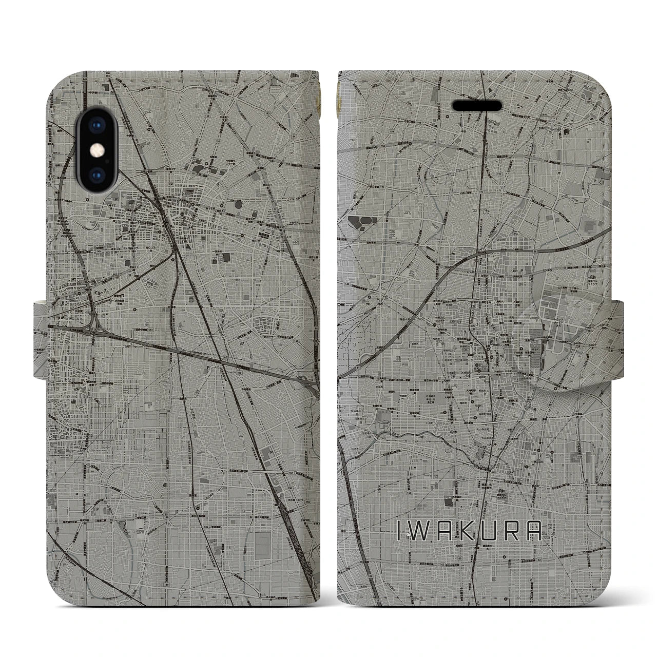 【岩倉(愛知県)】地図柄iPhoneケース(手帳タイプ)モノトーン・iPhone XS / X 用
