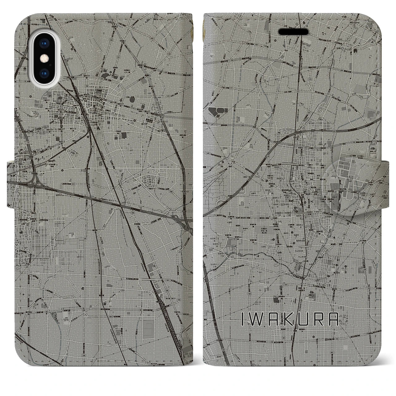 【岩倉(愛知県)】地図柄iPhoneケース(手帳タイプ)モノトーン・iPhone XS Max 用