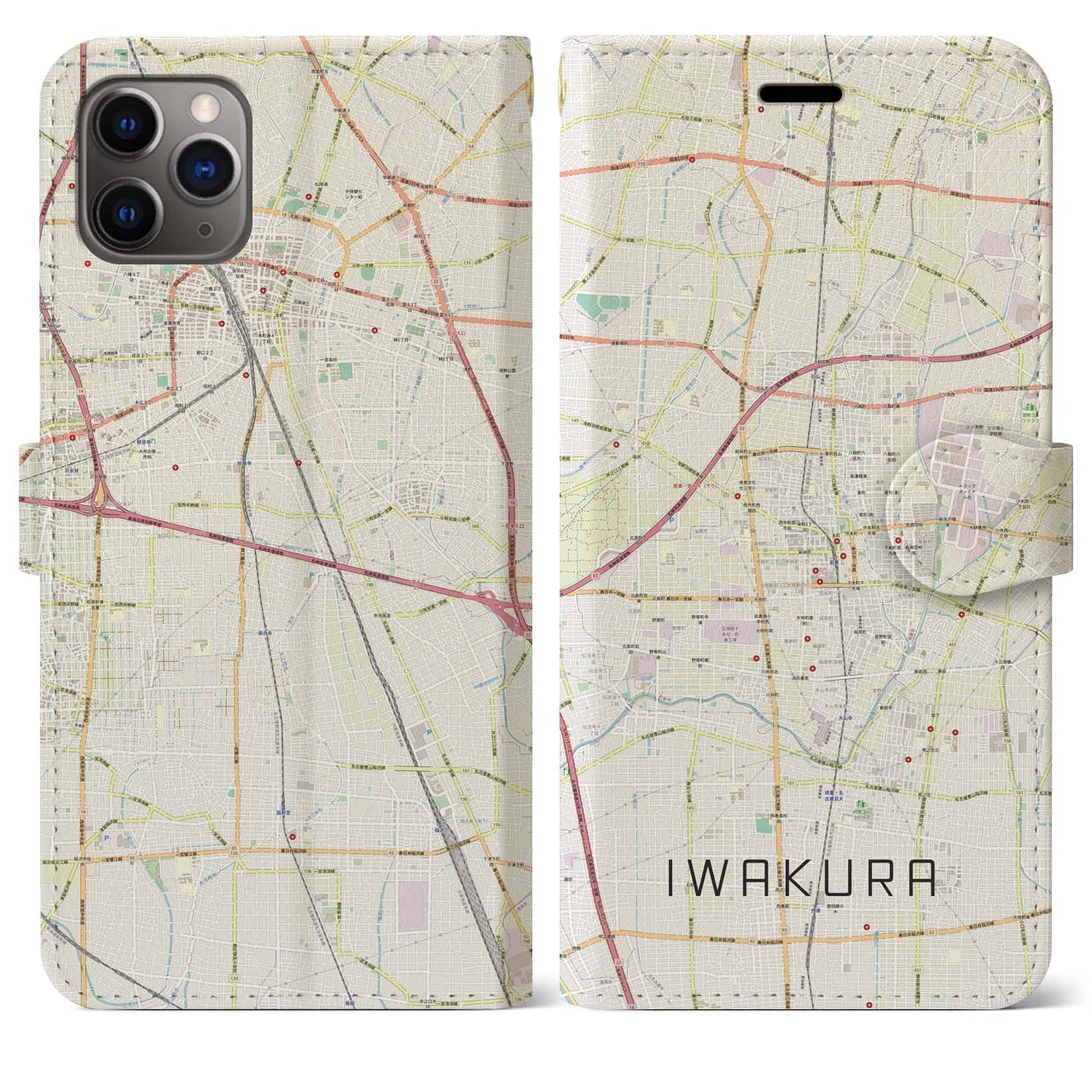 【岩倉(愛知県)】地図柄iPhoneケース(手帳タイプ)ナチュラル・iPhone 11 Pro Max 用