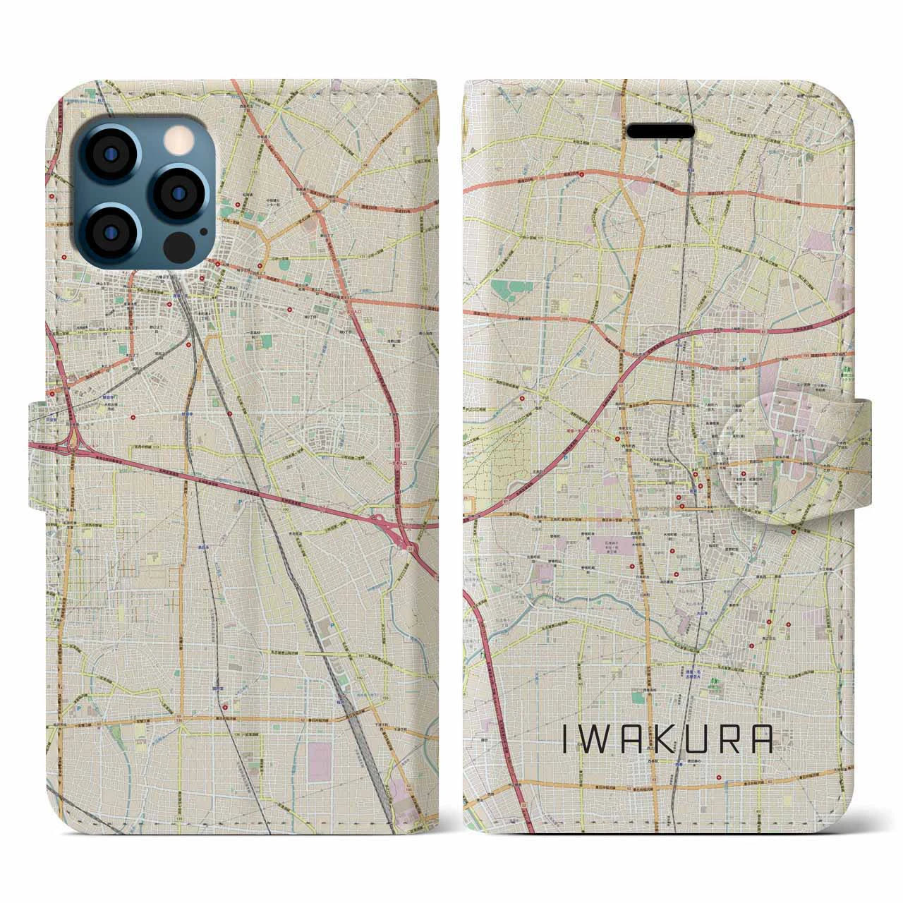【岩倉(愛知県)】地図柄iPhoneケース(手帳タイプ)ナチュラル・iPhone 12 / 12 Pro 用