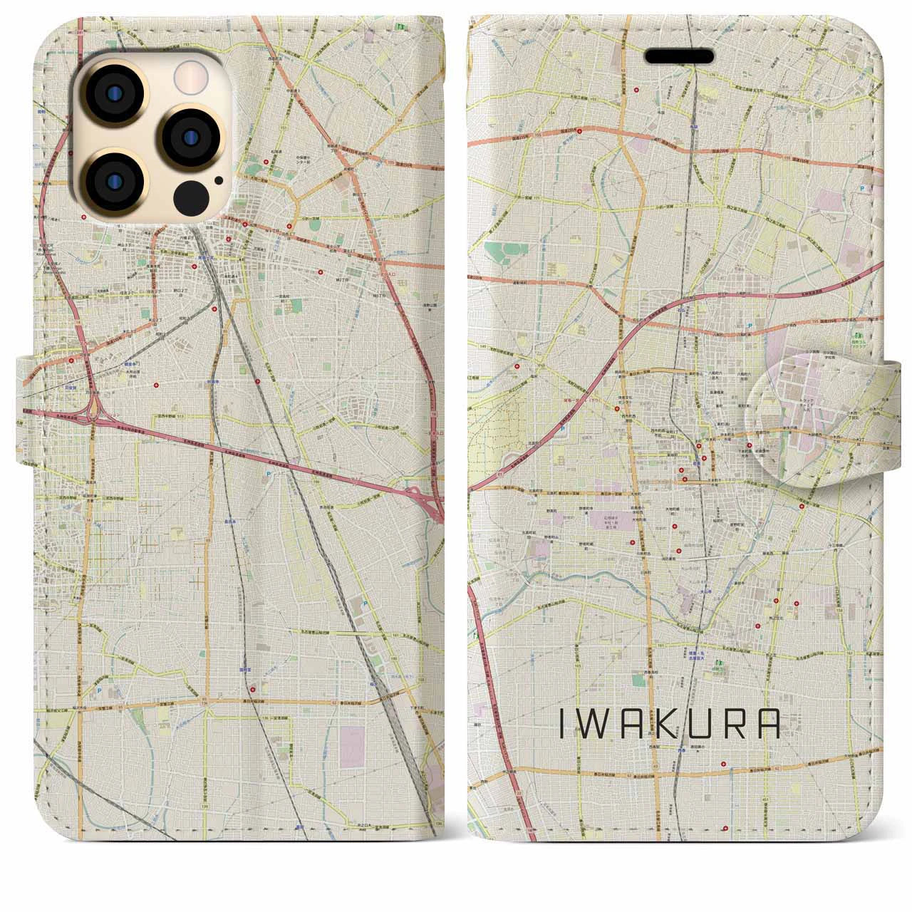 【岩倉(愛知県)】地図柄iPhoneケース(手帳タイプ)ナチュラル・iPhone 12 Pro Max 用
