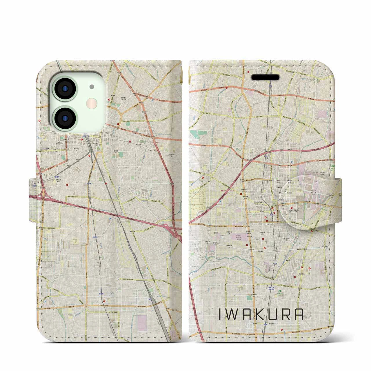 【岩倉(愛知県)】地図柄iPhoneケース(手帳タイプ)ナチュラル・iPhone 12 mini 用