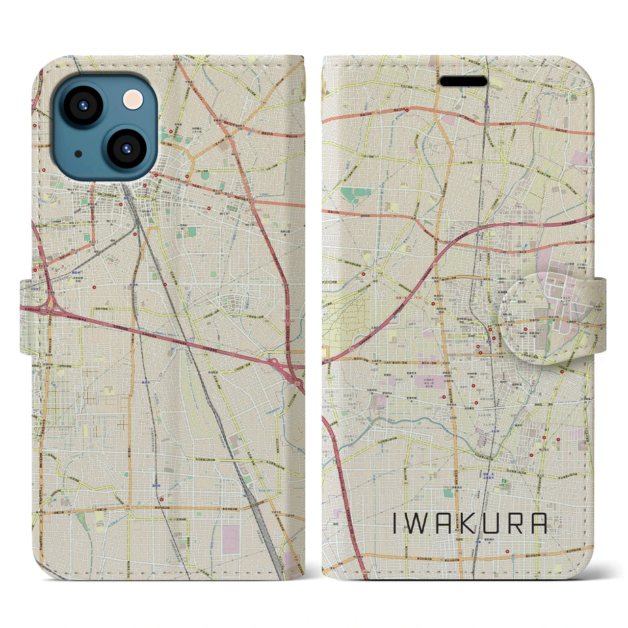 【岩倉(愛知県)】地図柄iPhoneケース(手帳タイプ)ナチュラル・iPhone 13 用