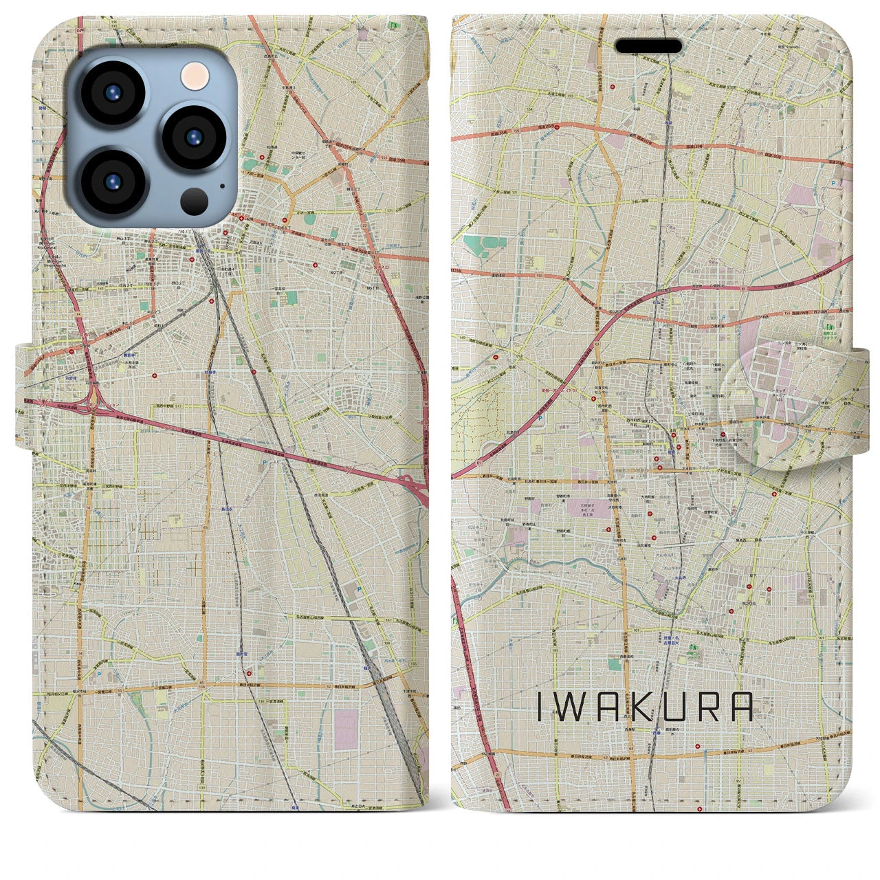 【岩倉(愛知県)】地図柄iPhoneケース(手帳タイプ)ナチュラル・iPhone 13 Pro Max 用