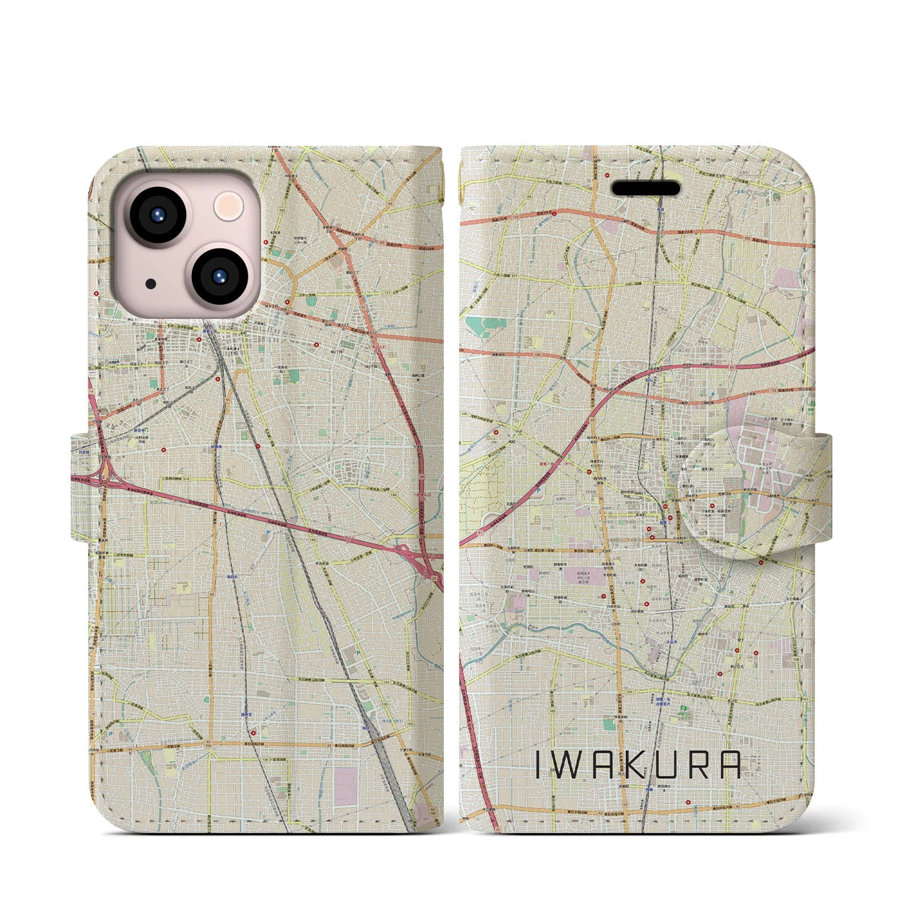 【岩倉(愛知県)】地図柄iPhoneケース(手帳タイプ)ナチュラル・iPhone 13 mini 用