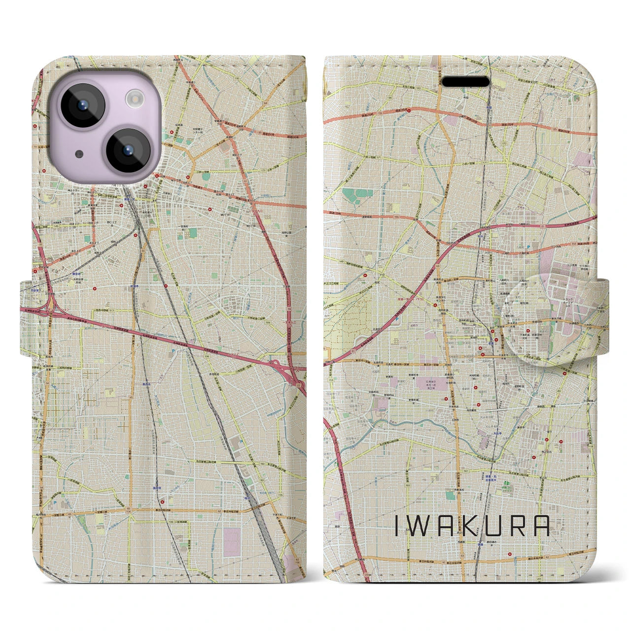 【岩倉(愛知県)】地図柄iPhoneケース(手帳タイプ)ナチュラル・iPhone 14 用