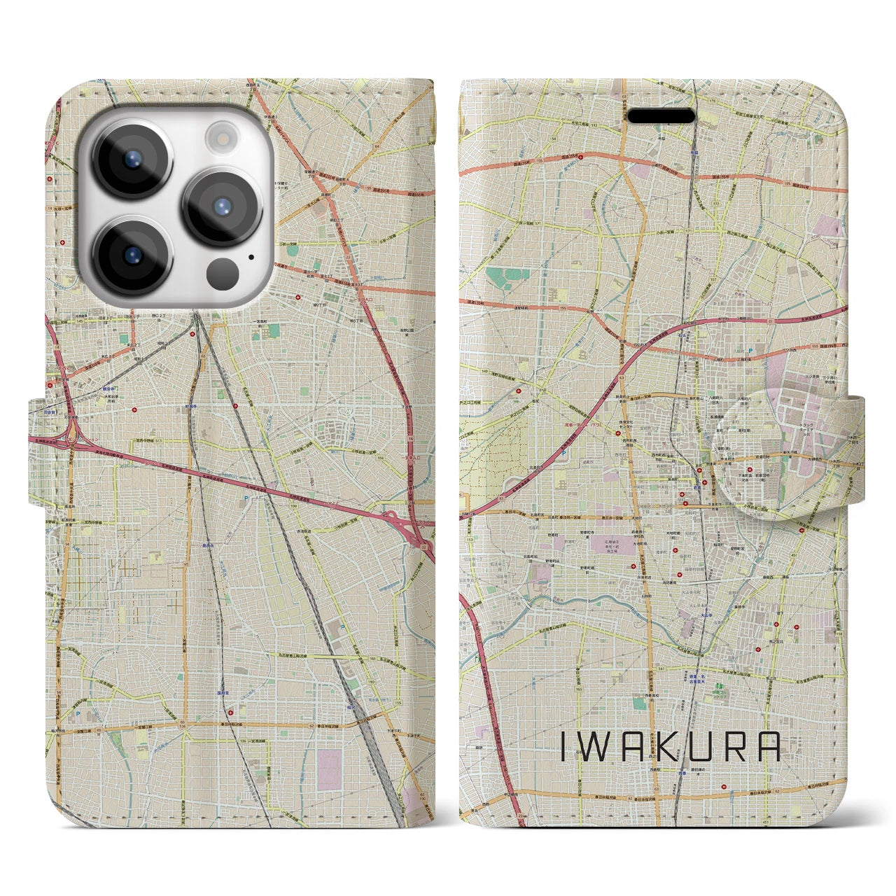 【岩倉(愛知県)】地図柄iPhoneケース(手帳タイプ)ナチュラル・iPhone 14 Pro 用