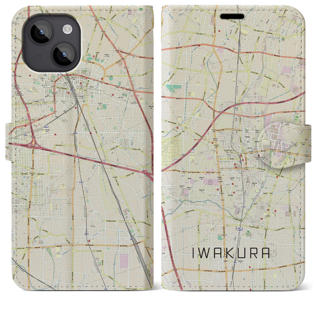 【岩倉(愛知県)】地図柄iPhoneケース(手帳タイプ)ナチュラル・iPhone 14 Plus 用