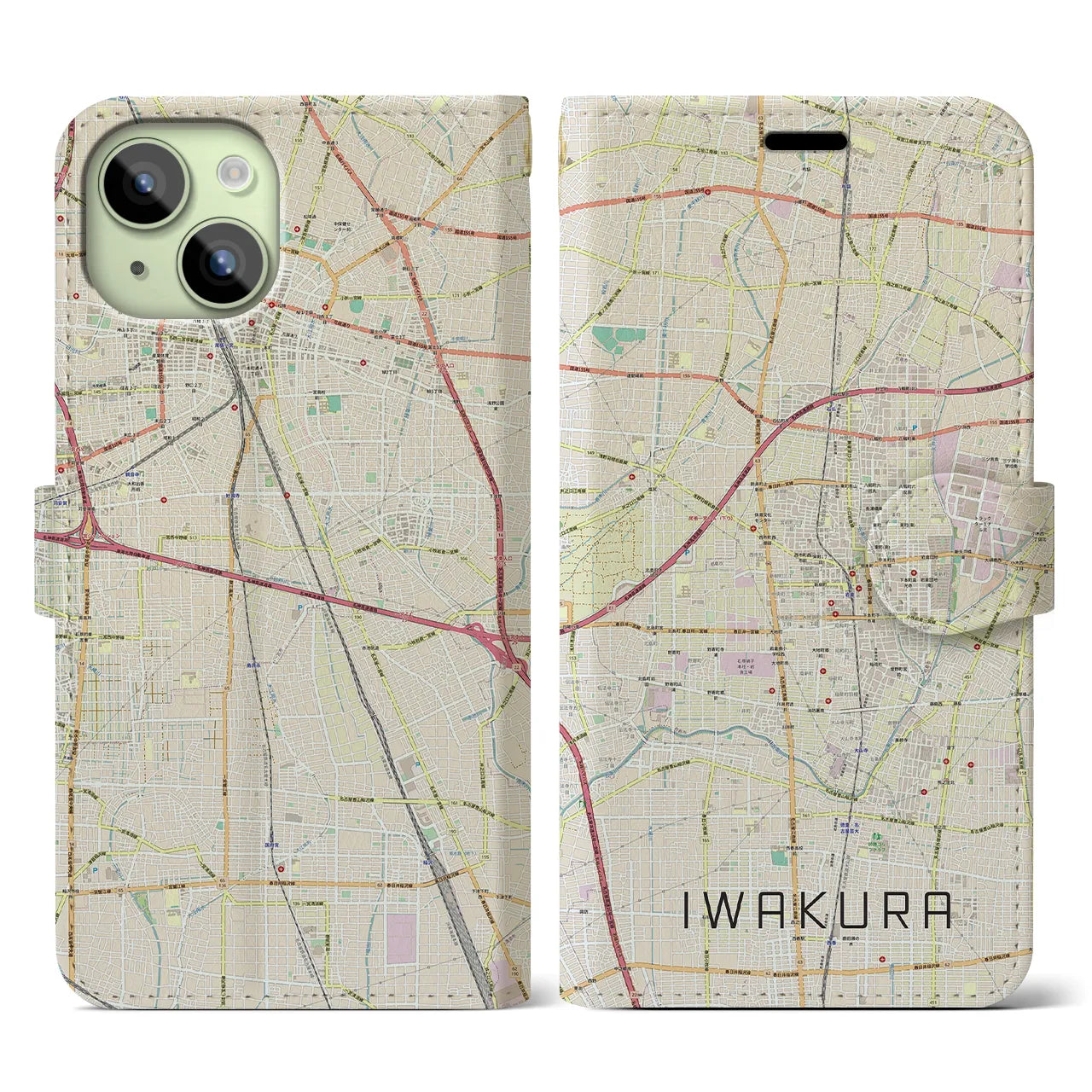 【岩倉(愛知県)】地図柄iPhoneケース(手帳タイプ)ナチュラル・iPhone 15 用