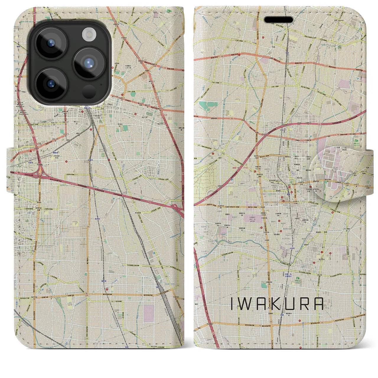 【岩倉(愛知県)】地図柄iPhoneケース(手帳タイプ)ナチュラル・iPhone 15 Pro Max 用