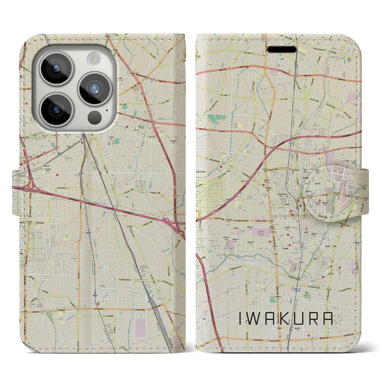 【岩倉(愛知県)】地図柄iPhoneケース(手帳タイプ)ナチュラル・iPhone 15 Pro 用